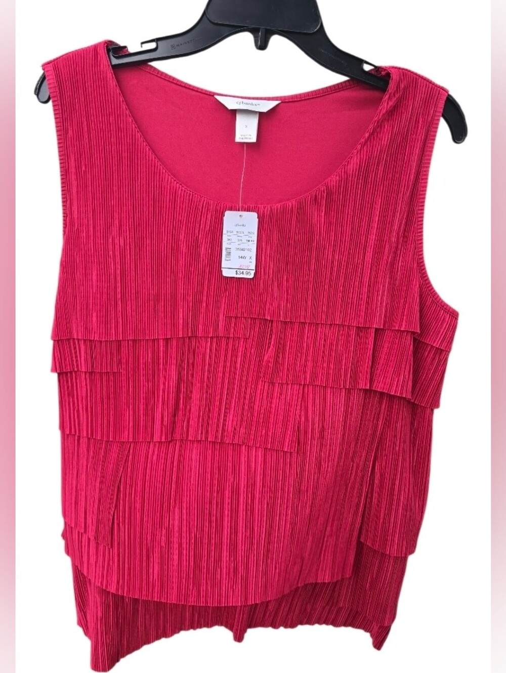 Cj Banks Women’s Size 14W Red Pleated Tiered Ruffle Sleeveless Blouse NWT